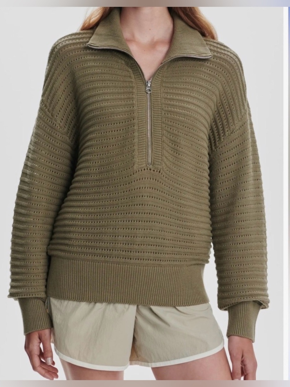Varley Tara Pointelle Olive Green Half-Zip Knit Sweater